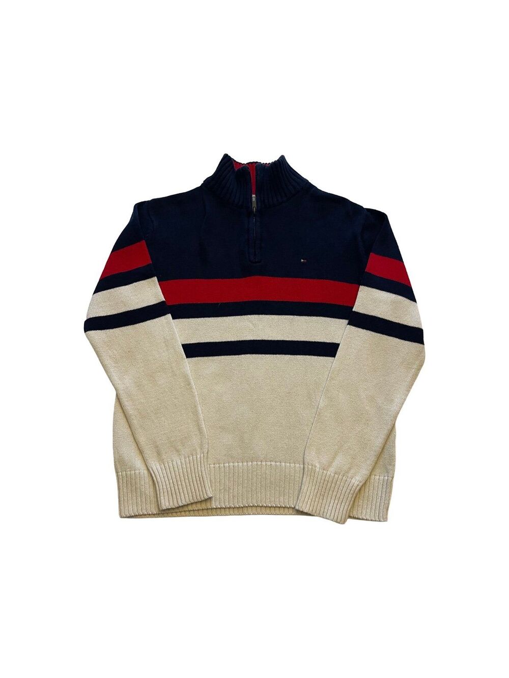 Tommy Hilfiger Boys Quarter-Zip Striped Sweater Navy Red Cream Size M (12/14)